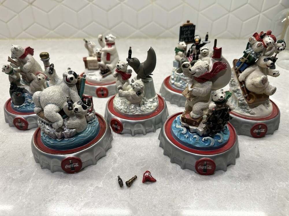 Lot 7 Franklin Mint Coca-Cola Polar Bears Figurines NO DOMES Parts As-Is Repairs